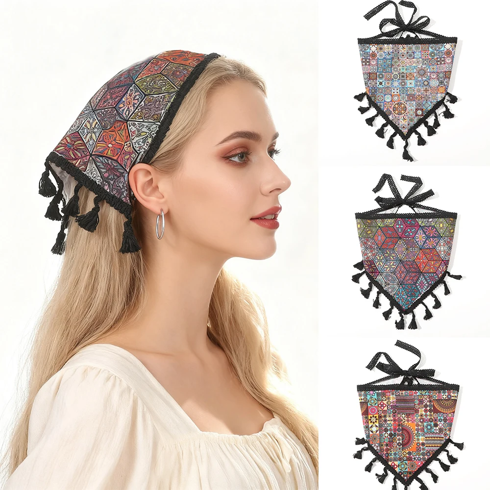 

3Pcs/set Ethnic Style Mosaic Triangle Head Scarf Hair Bandanas Head Kerchief for Women Girls Tie-Back Boho Hair Scarf Headband