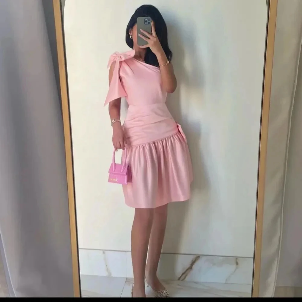 

Fashion Pink Prom Dress Classic Modern Style Formal Party Evening One-Shoulder A-line Bow Satin Saudi Arabia Occasion Dress 2024