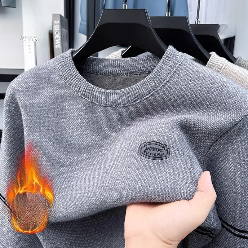 

Thiened Fce Men's Knitted Sweater Winter Base Layer irt Soft round Ne Warm Casual Sle Mid-aged Men's Faion