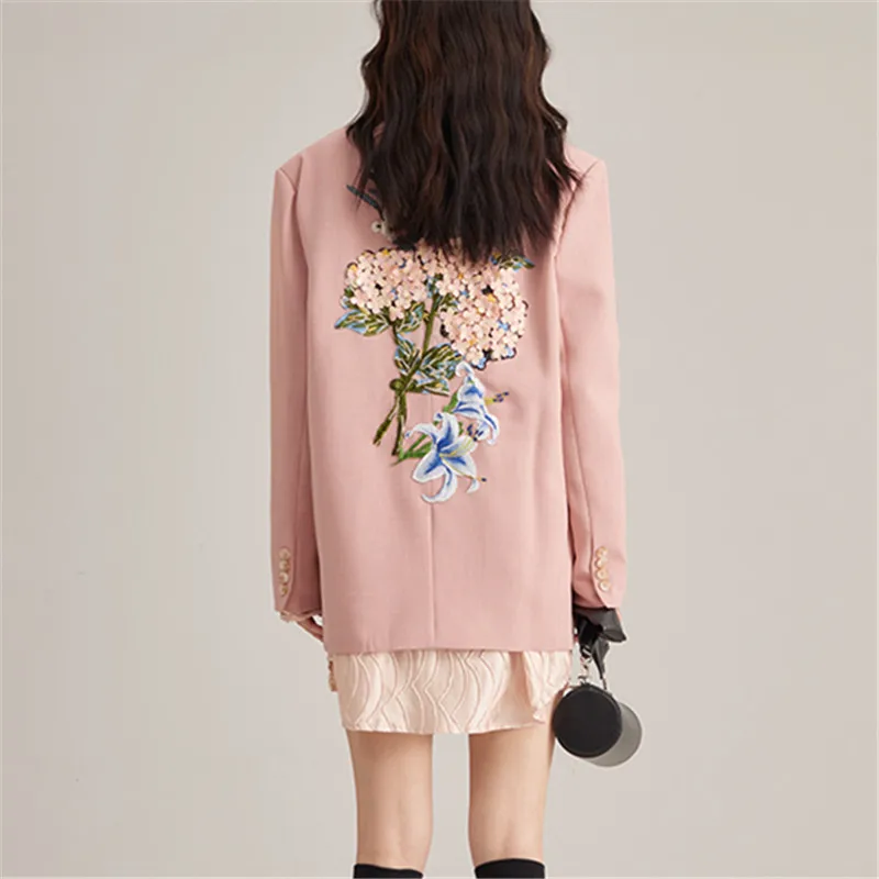 Pink Blazer Jackets Women 2022 Spring Casual Elegant Suit Jacket Single Breasted Fashion Floral Embroidery Blazers Coat Female