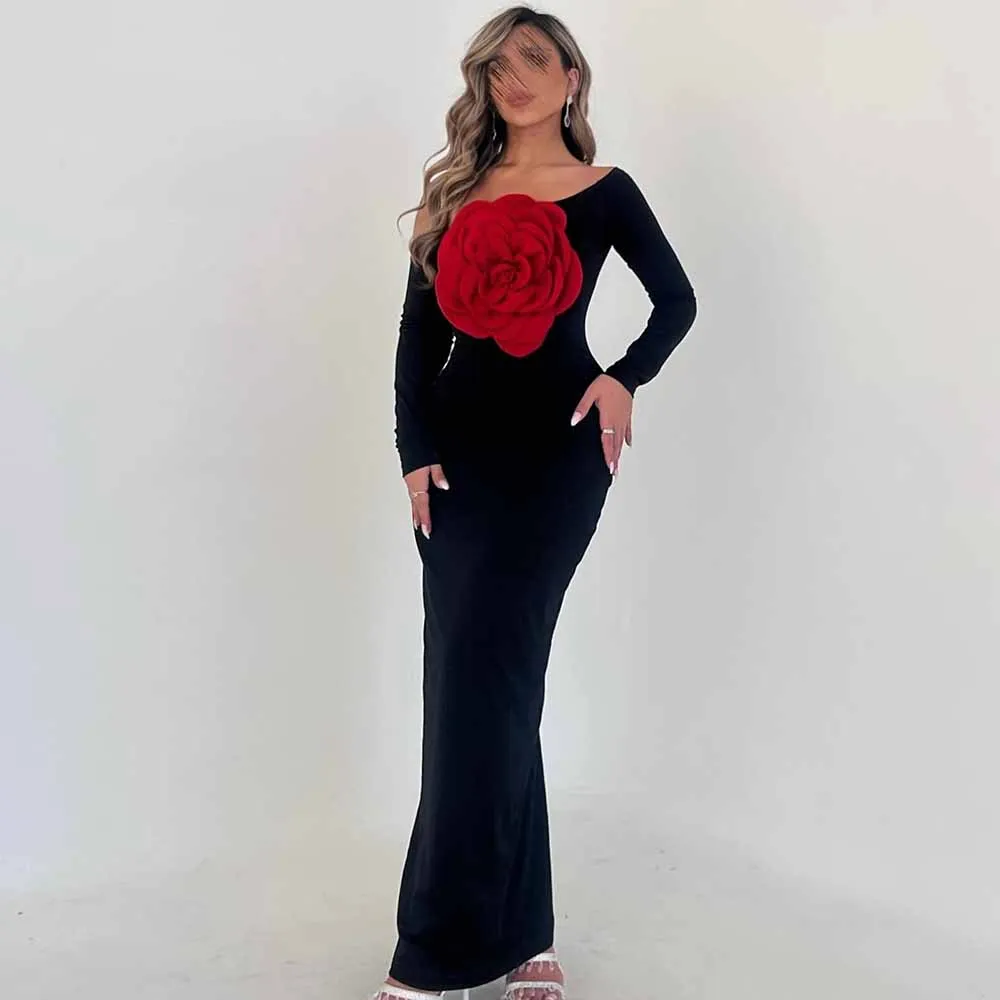 

2025 Evening Gowns for Women Modern Jersey Sheath/Column Valentine's Day Dress Black One-shoulder 3D flowers Prom Dress Long