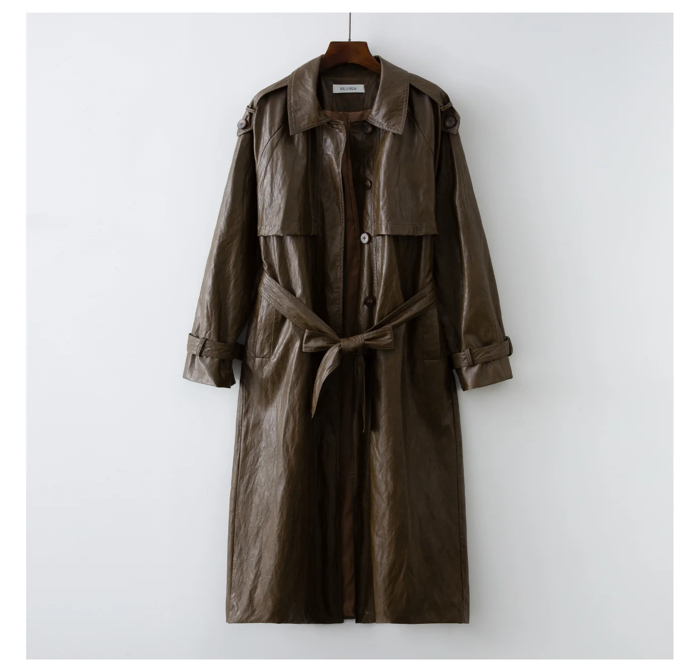 2024 Autumn New design Runway Designer Leather Maxi Long Trench Coat With Belt Chic Female PU Windbreaker Classic