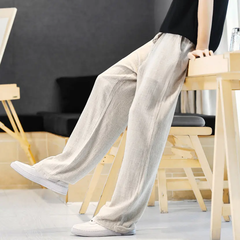 

Men's Linen Pants Summer Casual Loose Wide Leg Straight Cut Cotton Linen Drapey Comfortable Long Trousers Faionable Youth S...