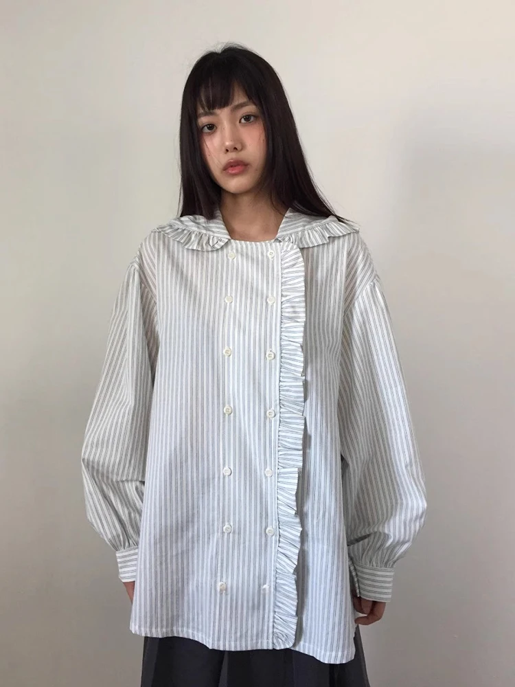 Loose Long Sve Striped irt with Hood for Women Spring New Sle Retro Ear Musoom Lace Casual Versatile Outerwear