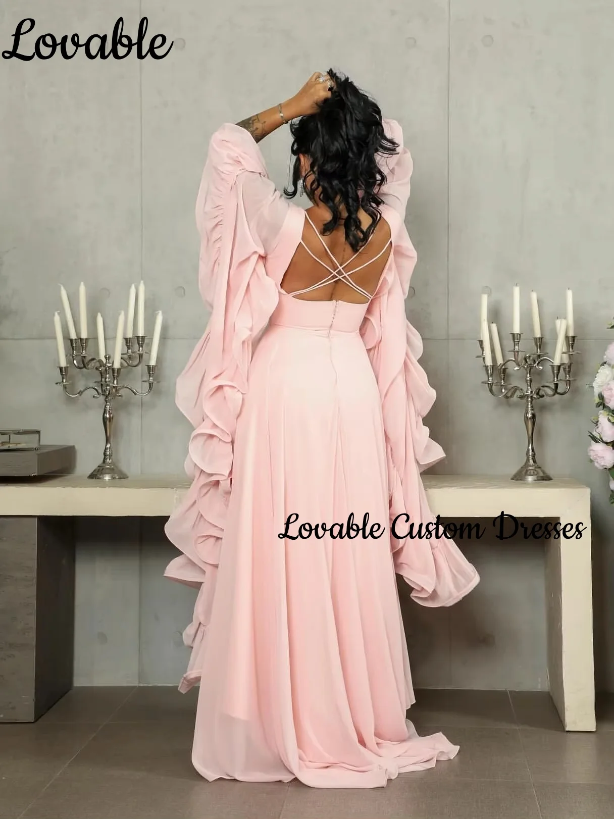 فستان حفلات الزفاف تخصيص العمود مغرفة العنق الطابق طول كشكش فساتين السهرة الفاخرة سستة حتى فساتين الأكمام الطويلة