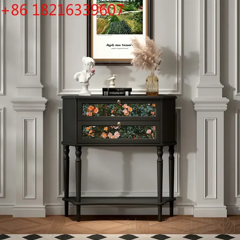 YAORetro Solid Wood Entrance Cabinet Flower Map Design Entryway Table Living Room Decorative Display Storage Locker