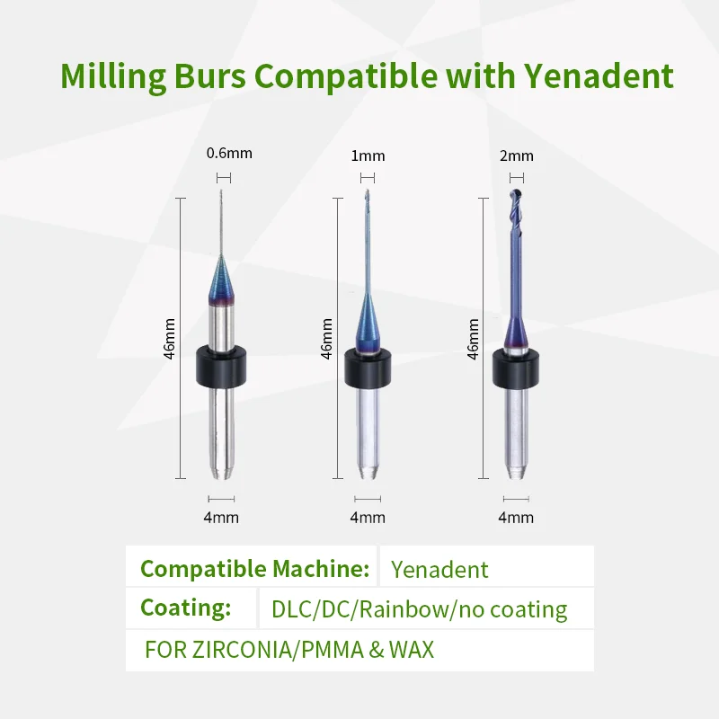 Dental Drill Yenadent Milling Burs For Cut Zirconia PMMA PEEK DC DLC Coating Compatible With Yenadent CADCAM System