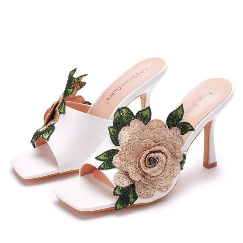 high heels for women sandals Square Toe Flower Slip On PU 9CM Thin Fashion Dress Sandals Women Shoes white slippers