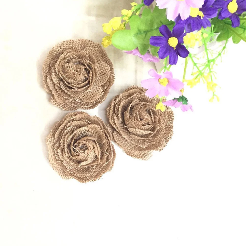 

6Pcs Burlap Rose Flowers Rustic Handmade Size M for Wedding Christmas Party Decoration Craft Making Jute Flowers