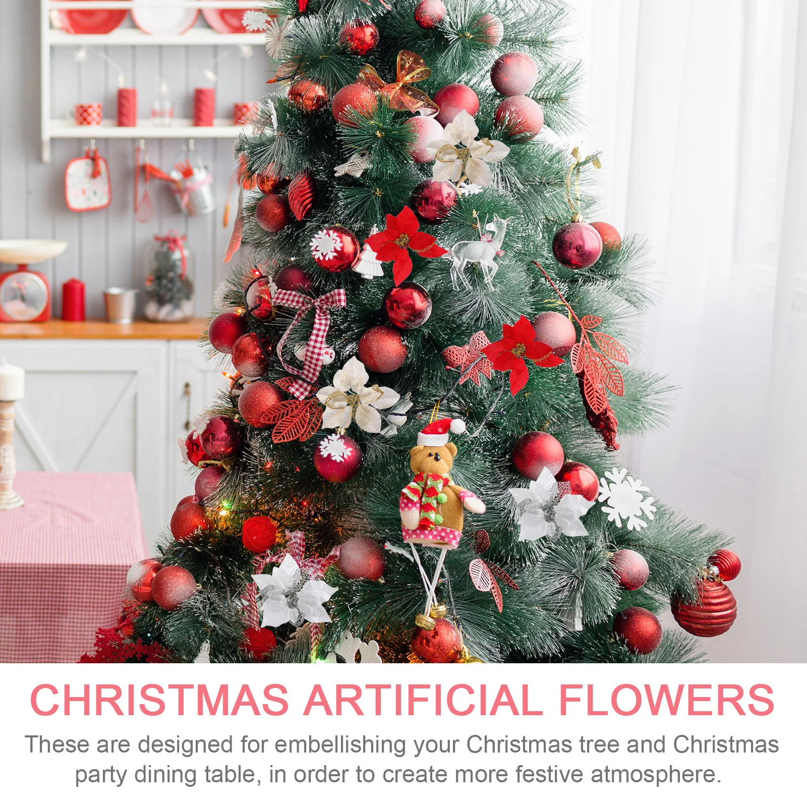 

15Pcs Christmas Artificial Flower Glitter Fake Flower Xmas Floral Decoration Tree Hanging Pendant Table Setting Supply Holiday