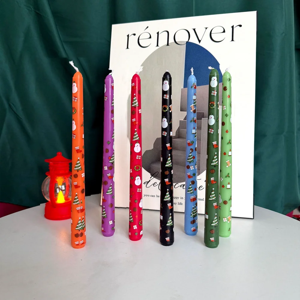Christmas Snowman Printed Decal Candle - Colorful Long Candle For Holiday Parties Decorations Enhancing The Festive Atmosphere.