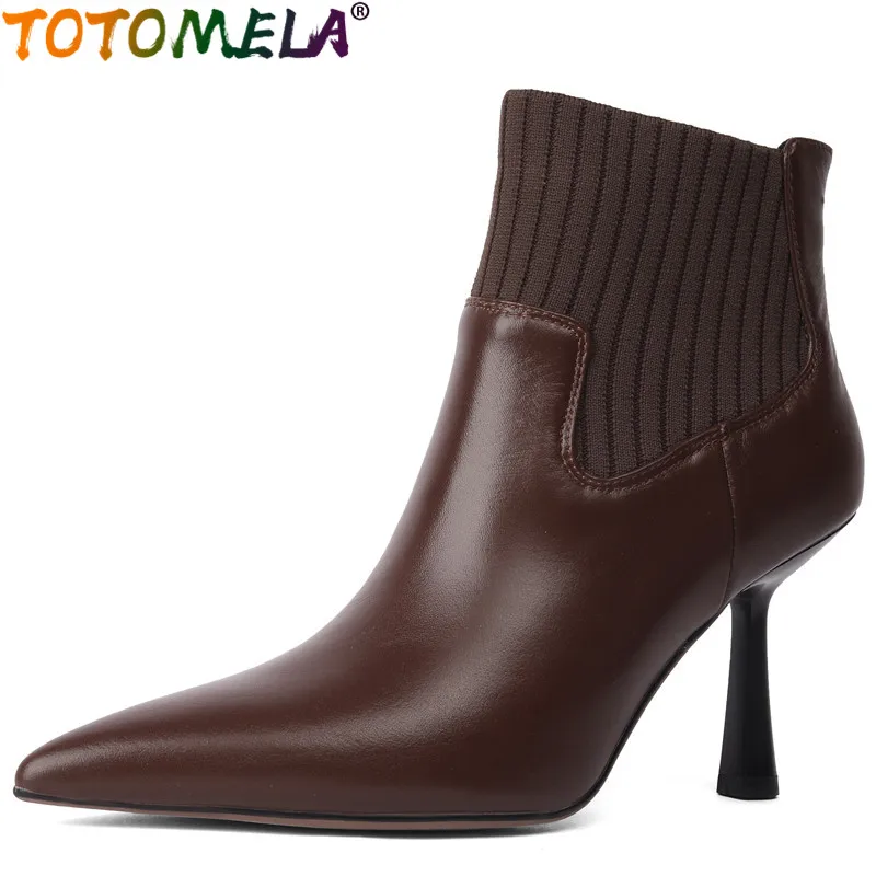 Totomela 2024 neue sexy spitze Zehen Echt leder Stiefel weibliche Slip auf Winters tiefel dünne High Heels Stiefeletten