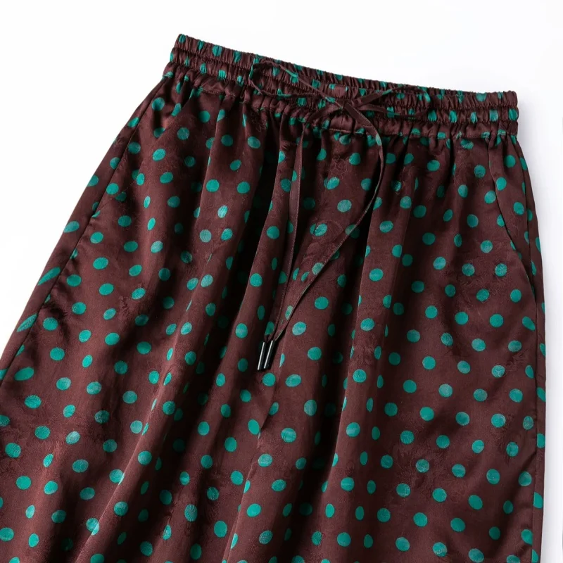 Birdtree, 100% Silk Jacquard Satin Pants, Ruffle Hem, Women Floral Luo Xiangyunsha Trousers, Elastic Waist, 2026 New P67707JF