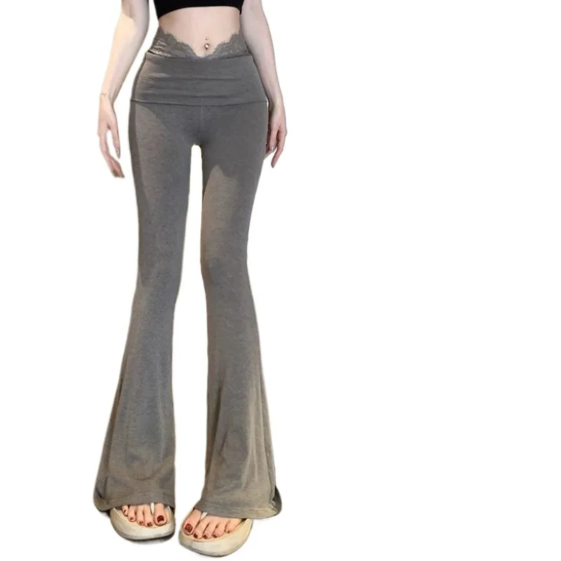 Lace Splicing Micro-pull Casual Pants Autumn Korean Version 2026 New High-waisted Thin Micro-horn Drape Trousers Women Clothing