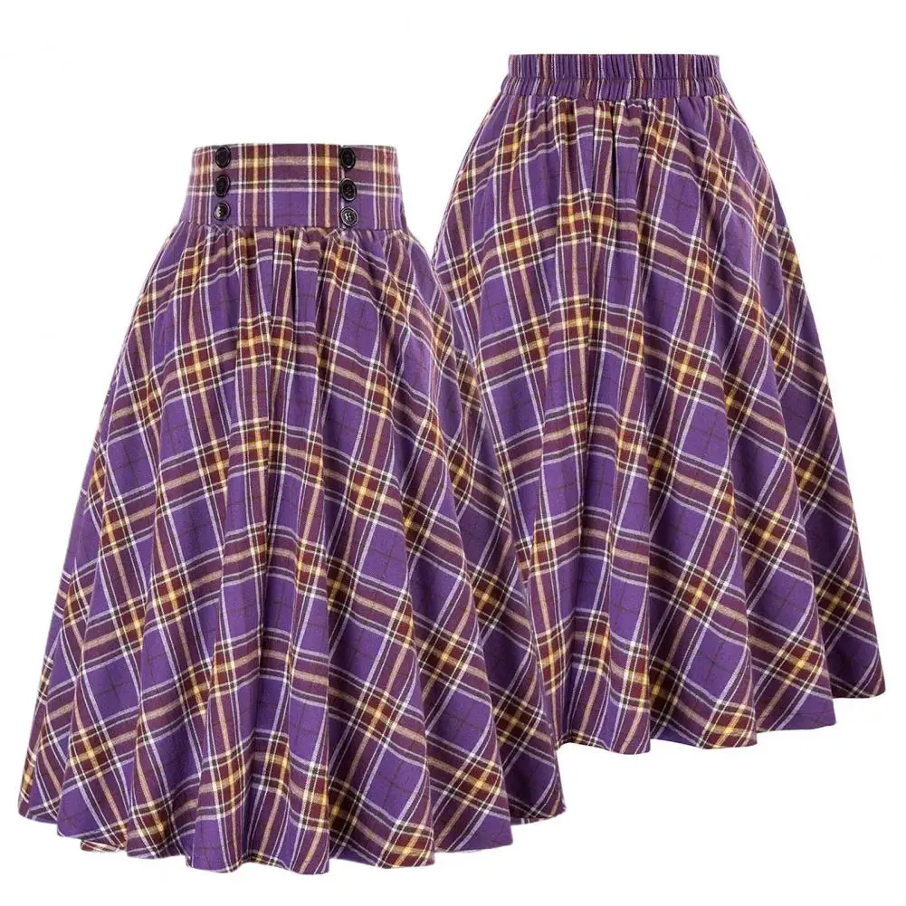 

Women's Vintage A-Line Skirts Elegant High Waist Button Large Swing Pleated Skirt Pure Rockabilly Party Long Skirts Faldas