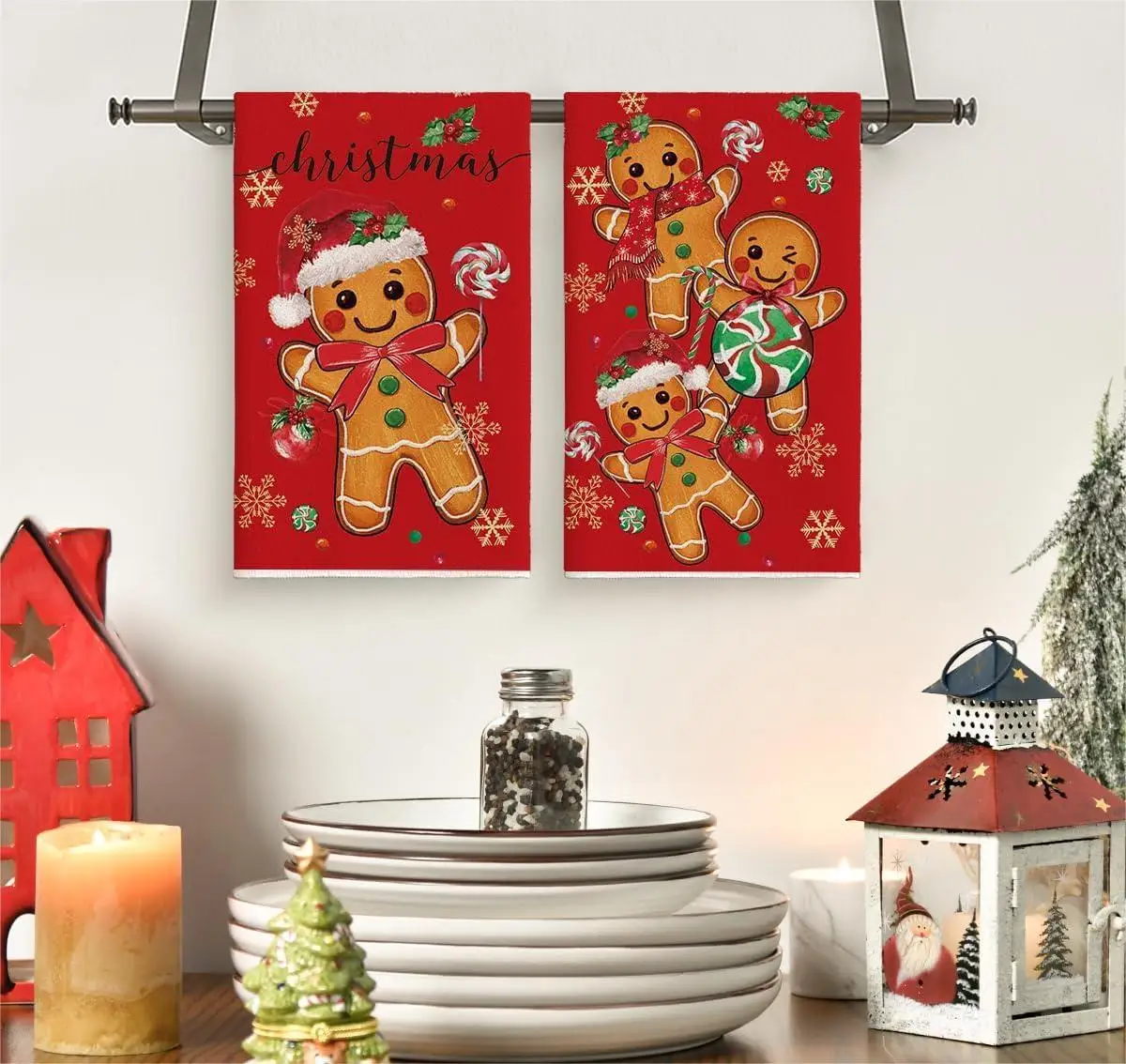 2Pcs, Christmas Candy Gingerbread Man Kitchen Towels, 40Cm*60Cm Towel Set, Super Absorbent Soft Cleaning Cloth, Cooking Baking Tea Towel, Tea Towel, Hand Towel, Cleaning Cloth, Dishcloth, Kitchen Decoration, Living Room Decoration, Kitchen Essentials, Home Essentials