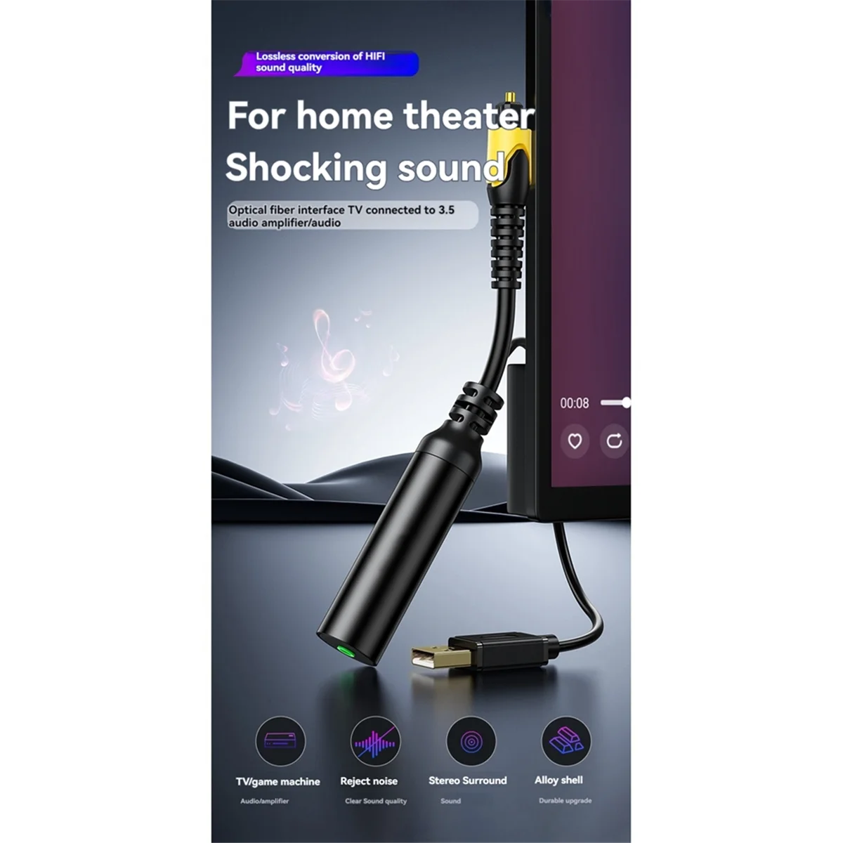 USB Digital Fiber Optical Audio Cable Square port SPDIF to 3.5mm_N34R