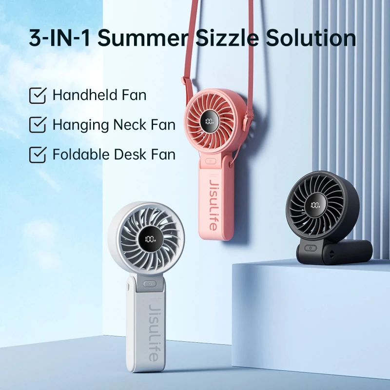 JISULIFE Portable Handheld Fan with LED Display 5000mAh 150°Folded Multifunction Personal Fan Lightweight Air Coolers Househeld