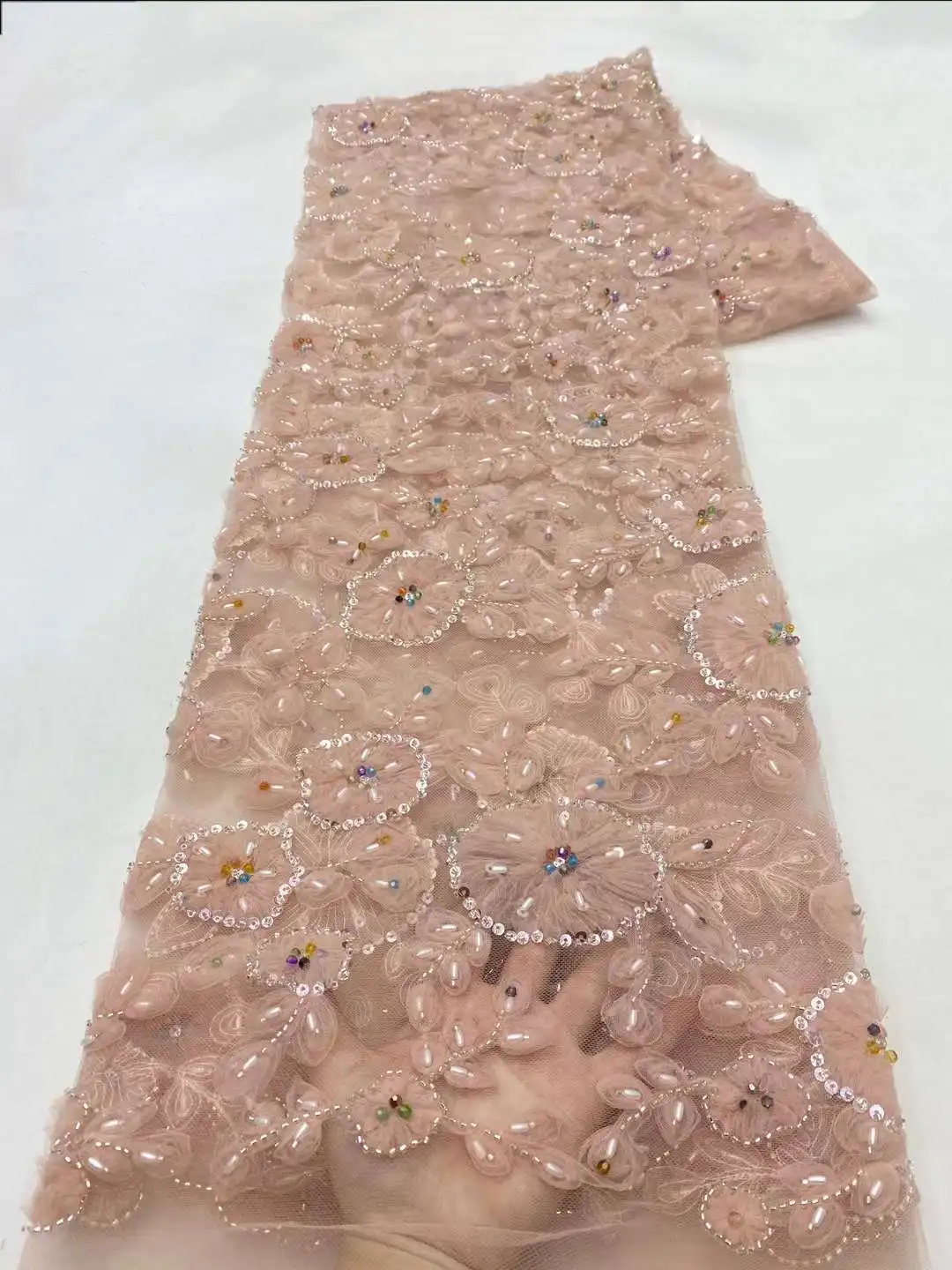 

Handmade French Tulle Lace Fabric 2024 High Quality 3d Flower Embroidery African Beads Lace Fabric For Wedding Dresses Xz