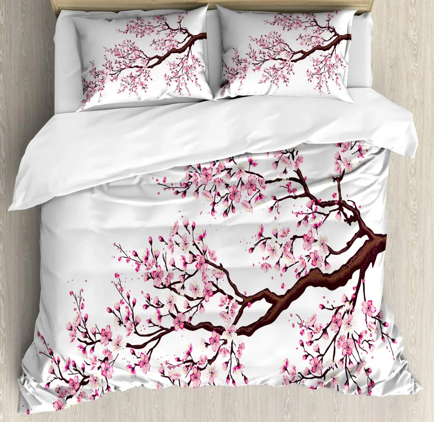 Japanese Duvet Cover Branch of  Flourishing Sakura Tree Cherry Blossoms Spring Theme Art Pink Decor Dark Brown for Women Gifts