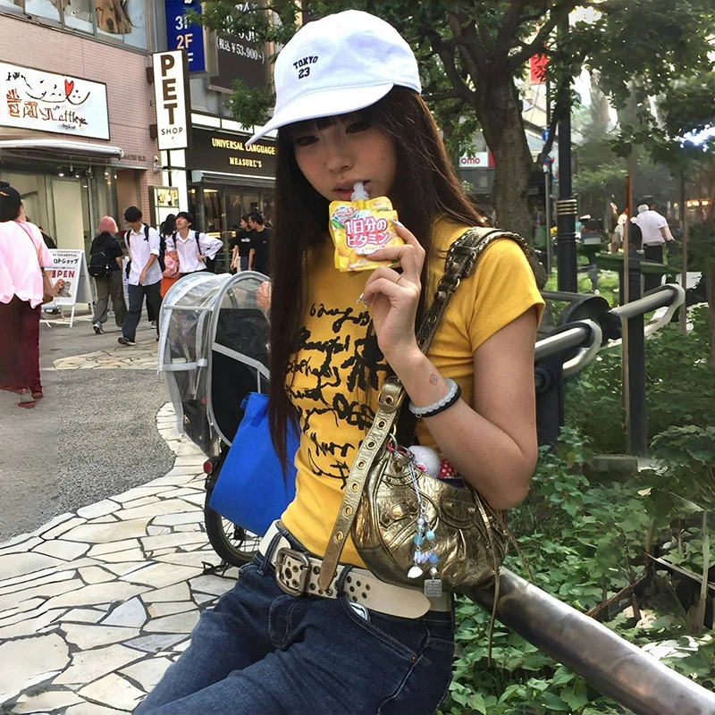 Karrram Japanese Y2k Letter Print T-shirt Vintage Harajuku Crop Top Trashy 2000s Style Short Sleeve Tee Shirt American Retro 90s image 2