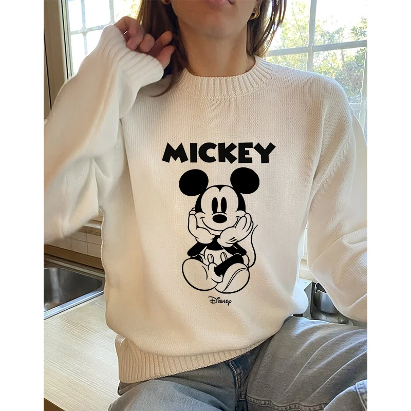 Mickey Minnie Women's Top Casual Crew Neck Fall/Winter Knitwear Disney Print Cartoon Women's Clothing Y2k Sweater White