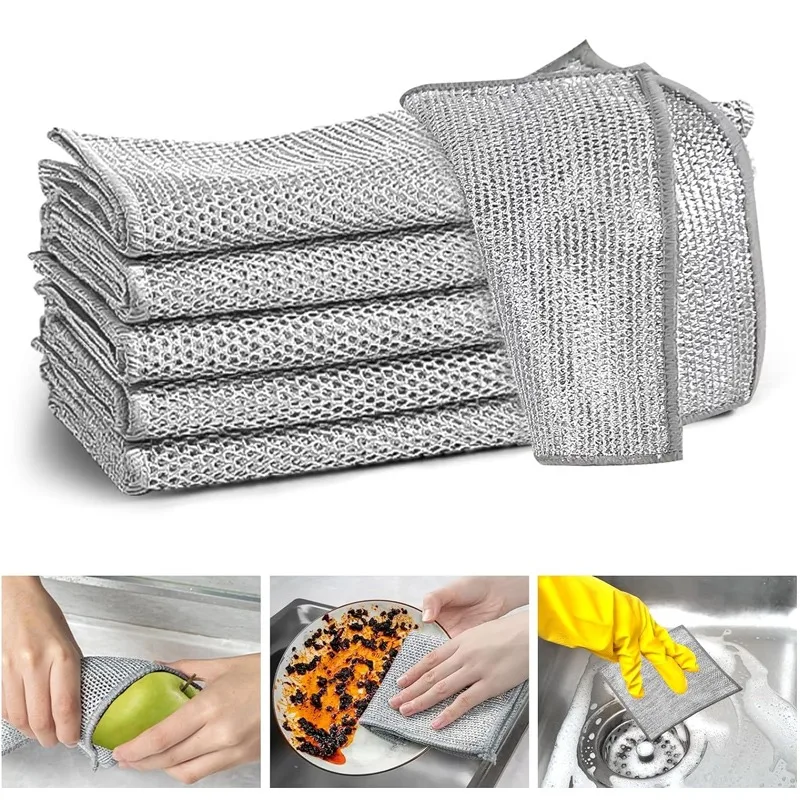 All Purpose Wire Dishwashing Rags Steel Wire Scrubbers Multifunctional Non Scratch Cleaning Cloths Double Layer Wire Scrubber