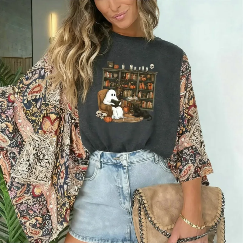 

Casual Fashion Woman's Pullover T-Shirt Top Printed Spooky Season Shirt Harajuku Graphic Patchwork Bat sleeves Halloween Party