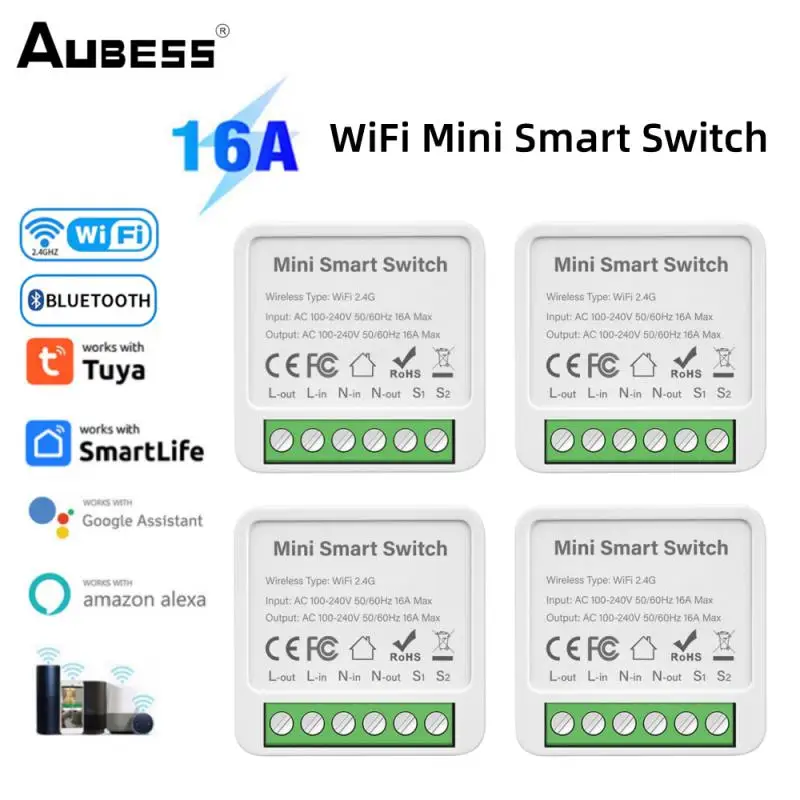 

AUBESS TUYA 16A WiFi Mini Smart Switch 1 Gang Двустороннее управление Приложение Дистанционное управление через голосовое управление Smart Life через Alexa Google