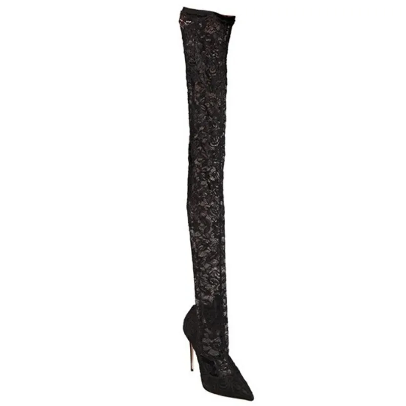 New Arrival Handmade Ladies Stiletto High Heels Design Black Stretch Lace Over-knee Boots Pointed Toes Summer Fashion Sexy Boots