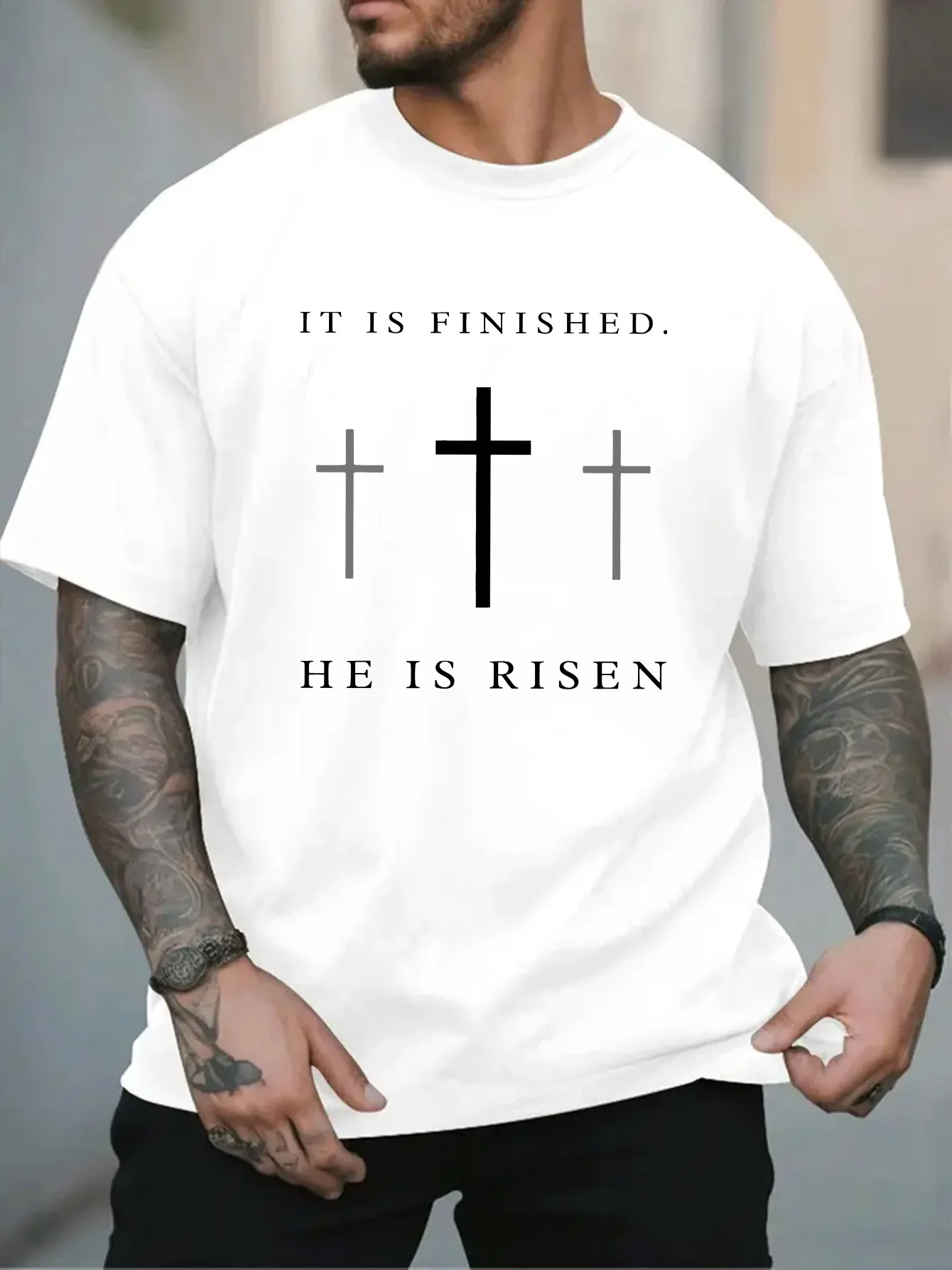 Fashion Mens White Basic Tee Classic Calvary Cross Silhouette It Is Finished He Is Risen Christian Easter Worship Short Shirts
