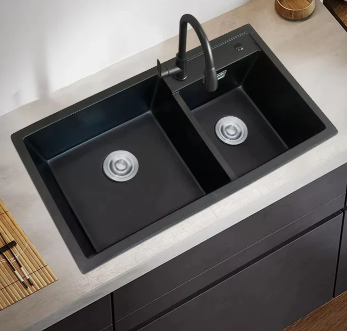 Double Bowl Kitchen Sink Undermount Quartz Composite Stone Kitchen Sink Black 1800 500 Double Bowl Kitchen Sink With Drainer