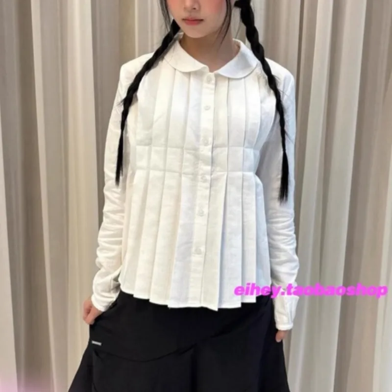 Preppy Style Pleated Loose Casual Long-sleeved Shirt Women 2026 Spring New Polo Collar Button Solid Color All-match Tops