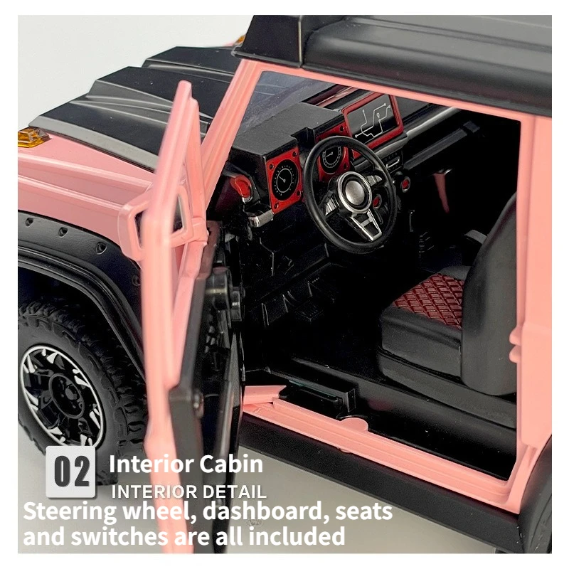 Modèle de voiture tout-terrain en alliage Suzuki Jimny 1:18 |   Grand ornement avec portes ouvrantes, fonction pull-back, effets sonores et lumineux