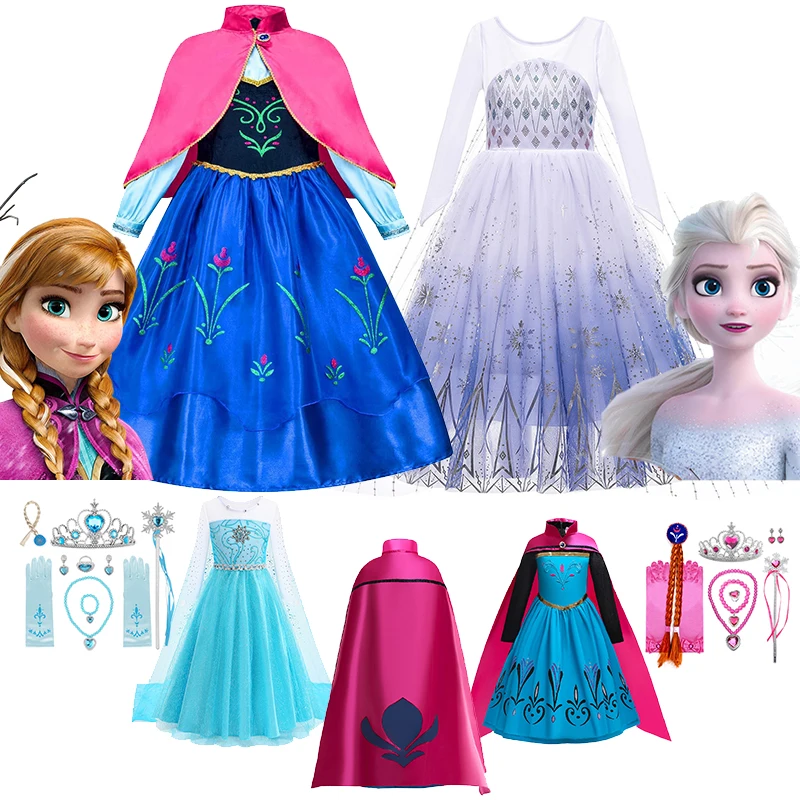 Disney Kids Girls Cosplay Frozen Elsa Anna Princess Dress Girl Mesh Ball Gown Carnival Birthday Clothes Snow Queen Elsa Costume