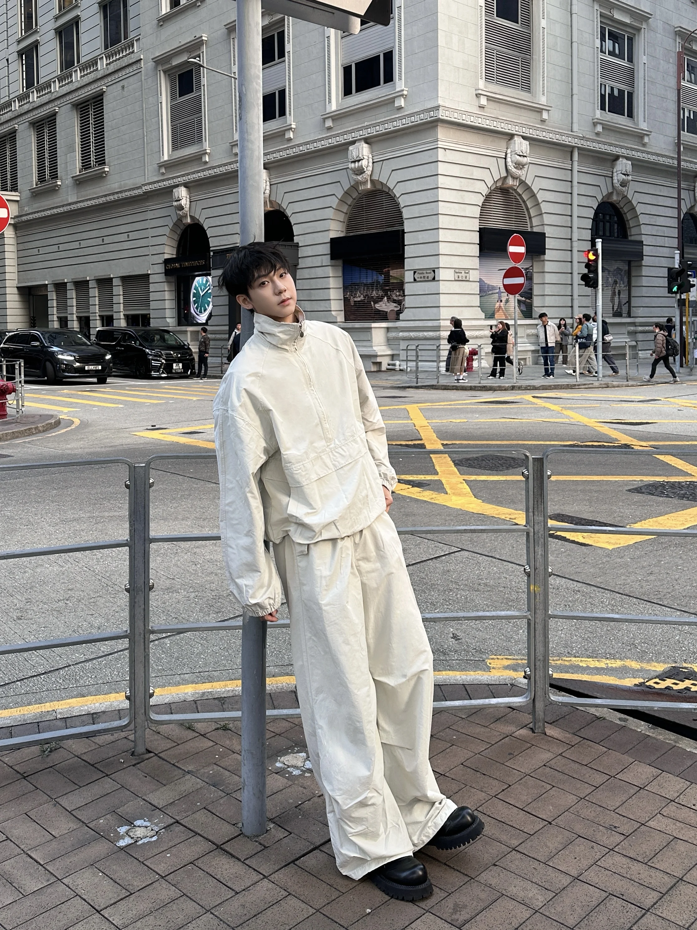 loose-men's-workwear-jacket-and-pants-set-with-stand-collar-half-zip-loose-wide-leg-pants-sun-protection-casual-sport-two-pie