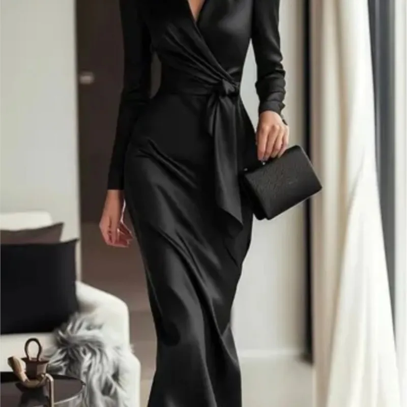 

Temperament Women's Dress Solid Color Spring Autumn Fashion Elegant Commuting Style Long Sleeve High Waist Belted V-Neck Dress
