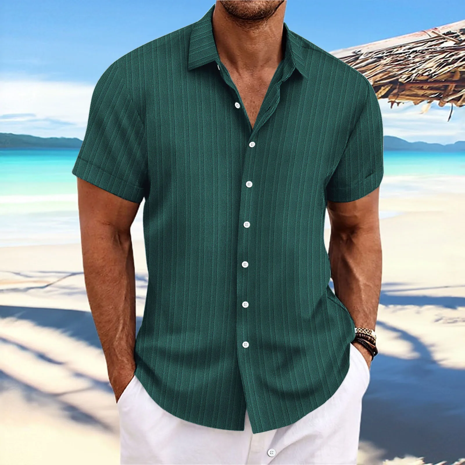 Nueva camisa de manga corta holgada informal de Jacquard a rayas de algodón y lino para hombre