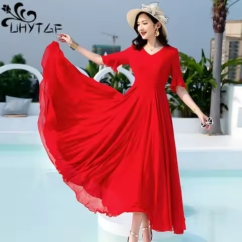 Summer Bohemian Long Dress Women Solid Color Short Sleeve V Neck 4XL Chiffon Dresses Maxi Evening Ladies Party Dress Vestidos
