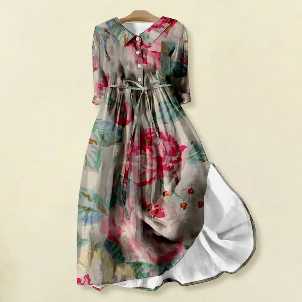 

Women Floral Dress Elegant Retro Floral Print Midi Dress with Belted Waist Pleated A-line Skirt for Women Vintage Style Long