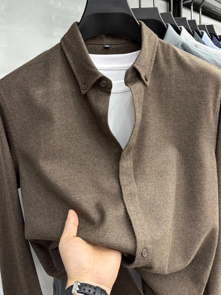 

Rn Heavyweight Thiened Brued Long Sve Men's irt Casual Cotton Busin Casual Faionable All Seasons Breathable