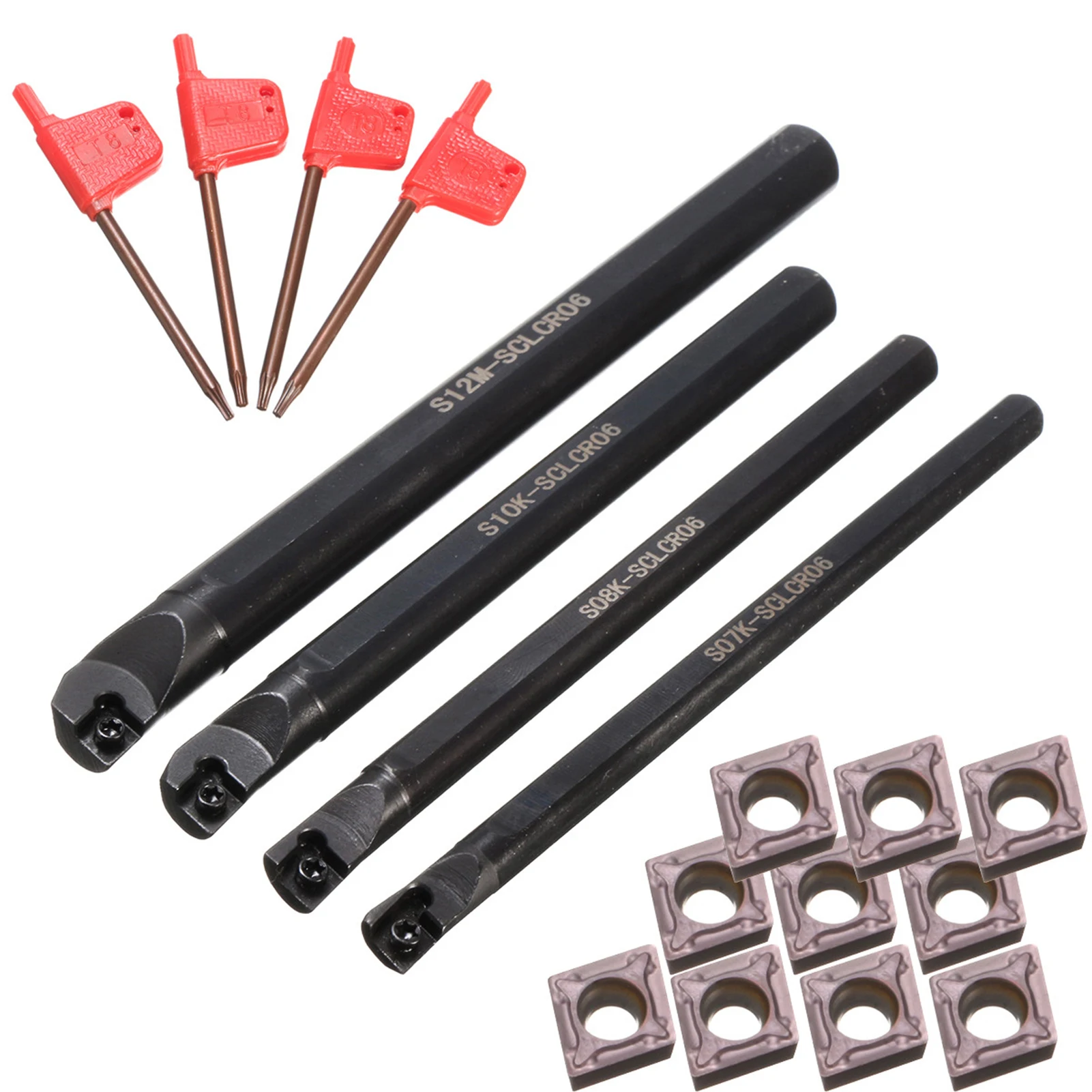 Metal Lathe Turning Tool Kit 4 PCS S07K/ S08K/ S10K/ S12M-SCLCR06 Boring Bars 10 PCS CCMT060204 Carbide Inserts 4 Plum Wrenches