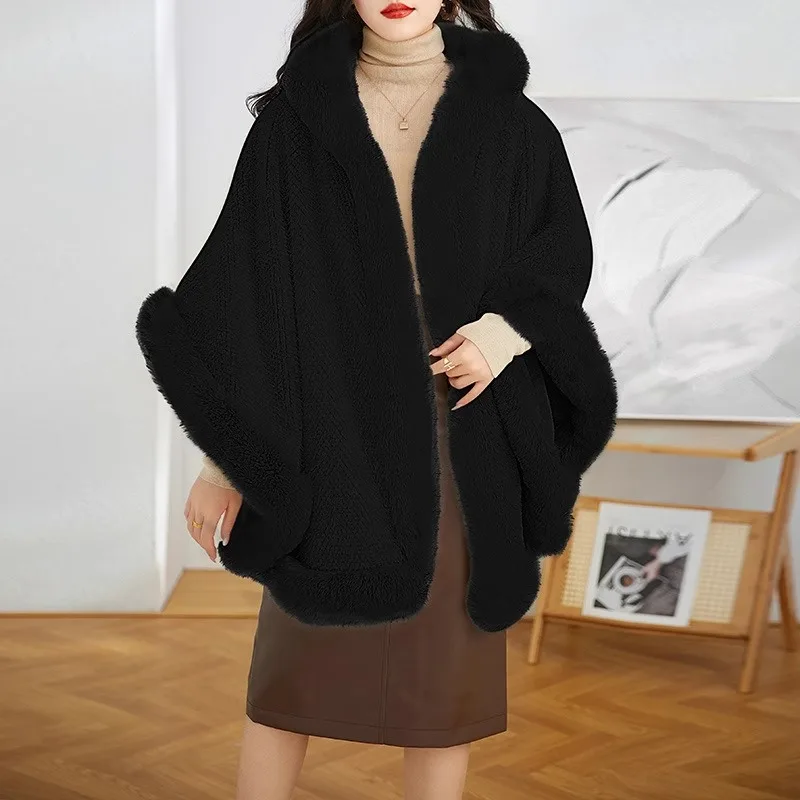 Winter New Thicken Mink Wool Full Trims Faux Fur Cape Outerwear Hood Loose Fleece Cloak Coat Women Party Dress Wraps Warm