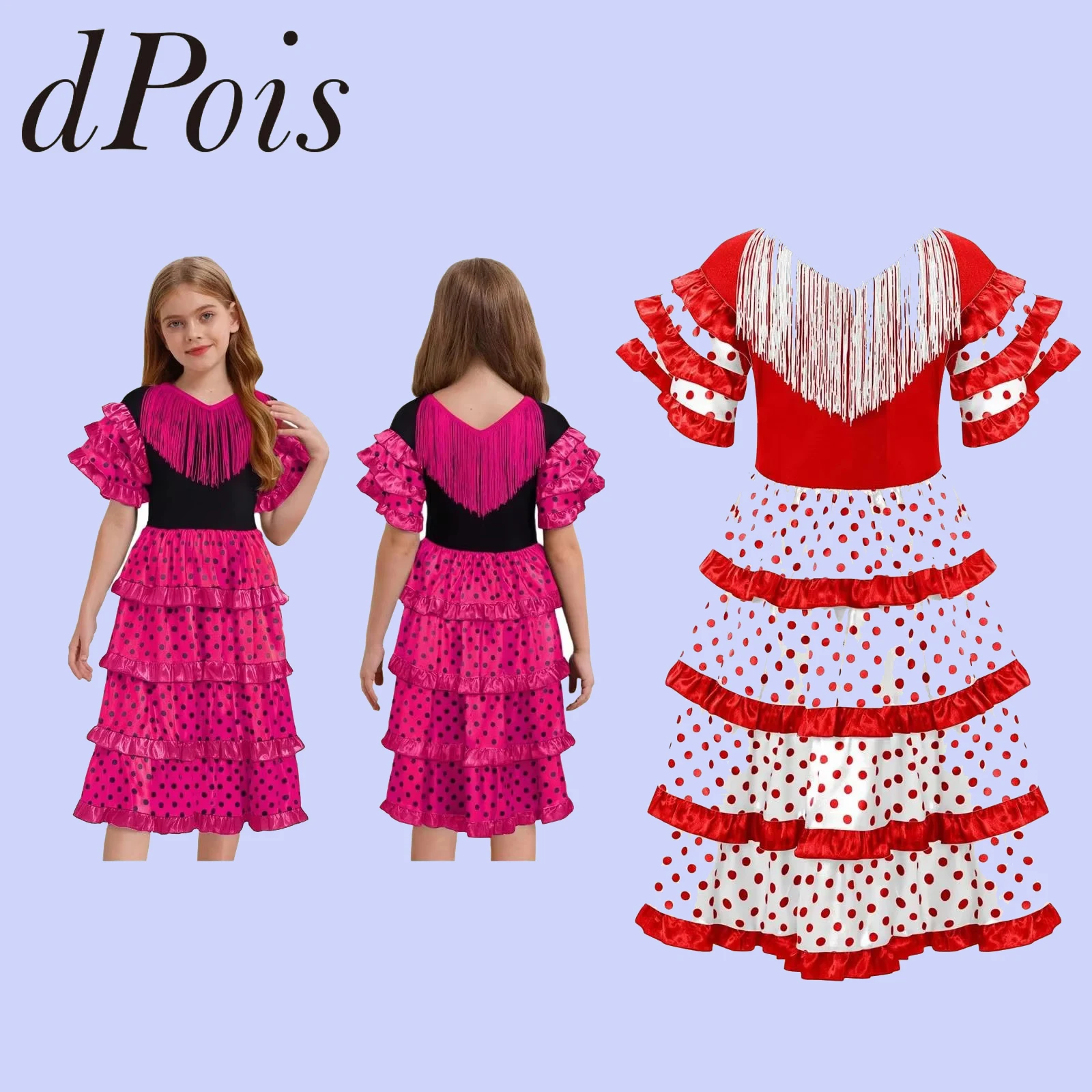 

Girls Dots Tassel Flamenco Dancewear Gypsy Bull Spanish Folkloric Performance Costume Children Tiered Bullfight Fancy Dress