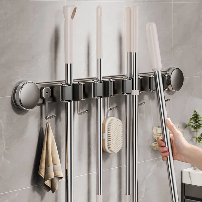 WV Wall-Mounted Suction Cup Mop Rack No-Drill Broom And Mop Organizer for Bathroom Kitchen Cleaning Tools Storage Holder - view 6