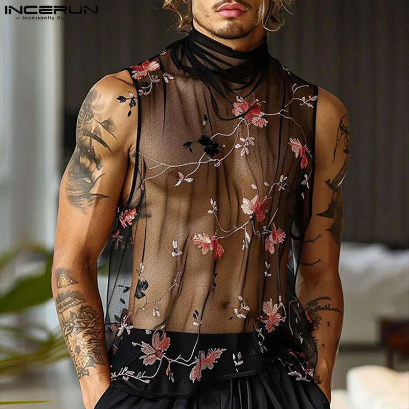 INCERUN Tops 2024 American Style New Men\'s Mesh Floral Perspective Design Vests Fashion Sexy Semi High Neck Thin Tank Tops S-5XL