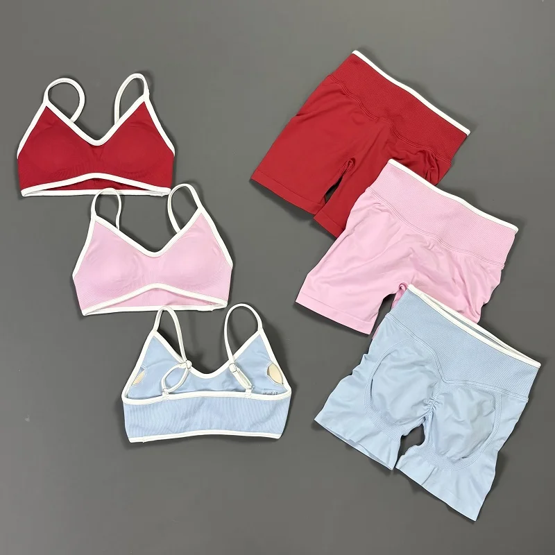 

2 Piece Contrastline Sports Bra Shorts Set Women Buttery Soft Slim Fit Shorts Quick Dry Gym Yoga Training Running Activewear