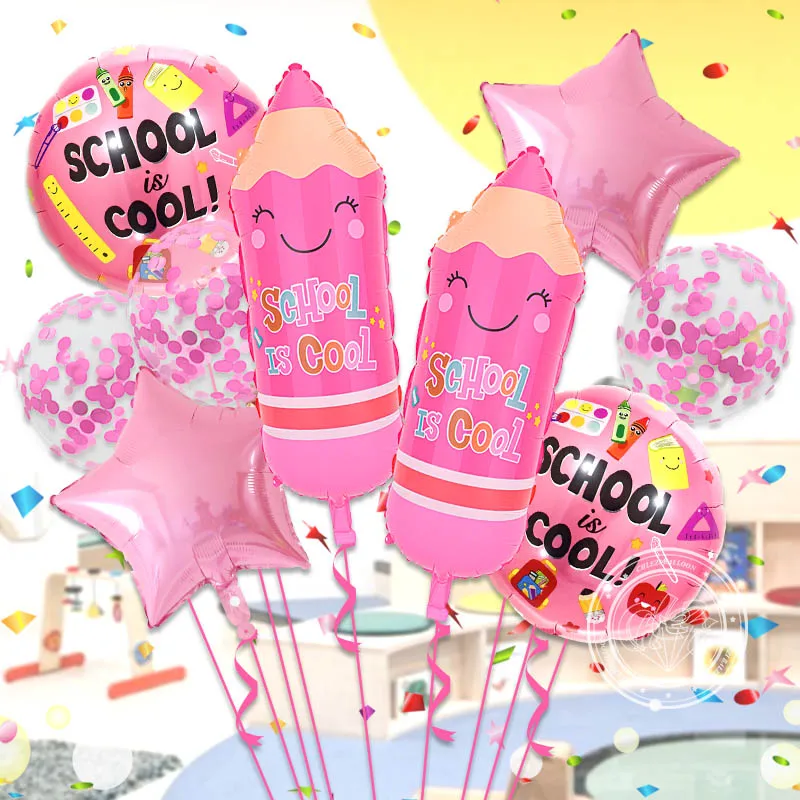 9pcs Back To School Foil Balloons Pencil Stationery Confetti Helium Balloon School is Cool Classroom Party Decoration Shower