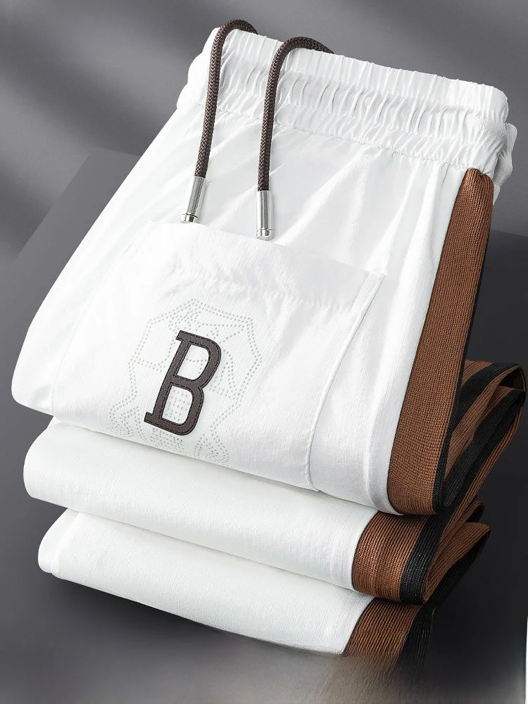 

Summer Men's Ice Silk Sports Pants Breathable Thin Straight Leg Casual Leisure Trousers Side Strap Splice Lightweight Comfort...