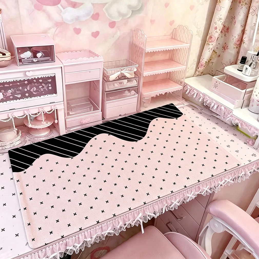 Full Screen Polka Dots Bow Star Leather Desk Pad Protector Y2K Mouse Pad Office Desk Mat Waterproof Non-Slip PU Desk Blotter Pad
